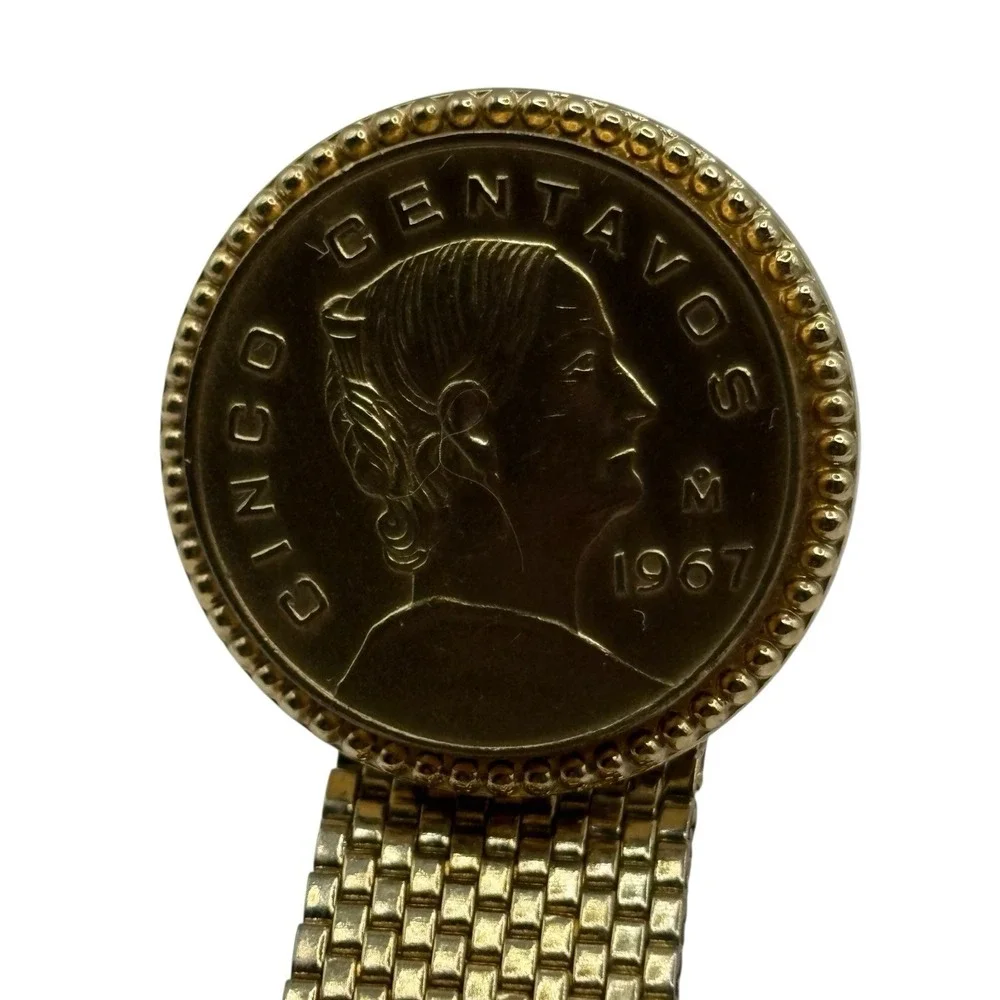 Mexican Coin Cufflinks Mesh Wrap Around Gold Tone Vintage‎ 50s 60s Cinco De Mayo